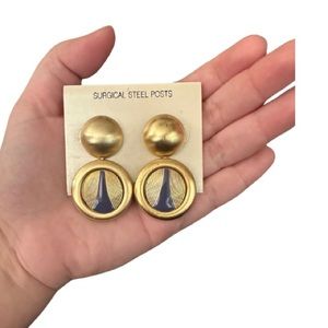80s 90s Gold-tone Button-style Post Pierced Earrings with Purple Enamel Drop